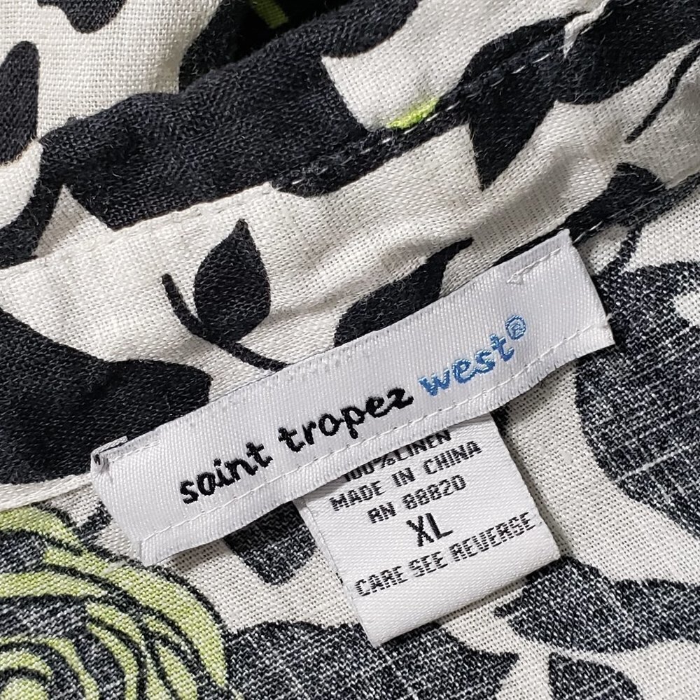 Saint Tropez West Linen Blouse Women's Size XL Floral Pattern Black & Green - Picture 2 of 4